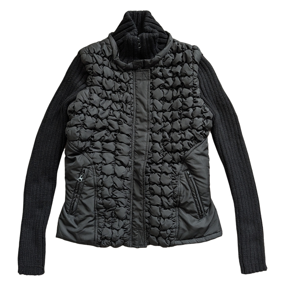 CLK Black Mixed Media Quilted Cinch Waist Front Knit Sleeve Jacket Size S/M